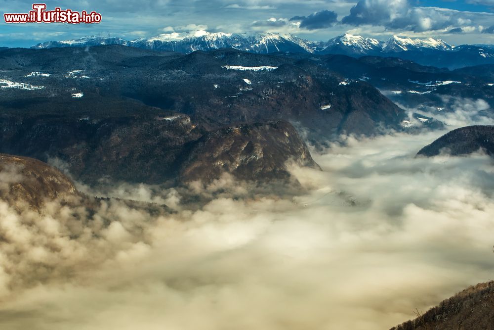 Immagine Nebbia sulla valle del lago di Bohinj in una mattina d'inverno, Slovenia. Questa bella immagine è stata scattata dal monte Vogel, una delle vette più importanti della Slovenia, situata nel Parco Nazionale del Tricorno.