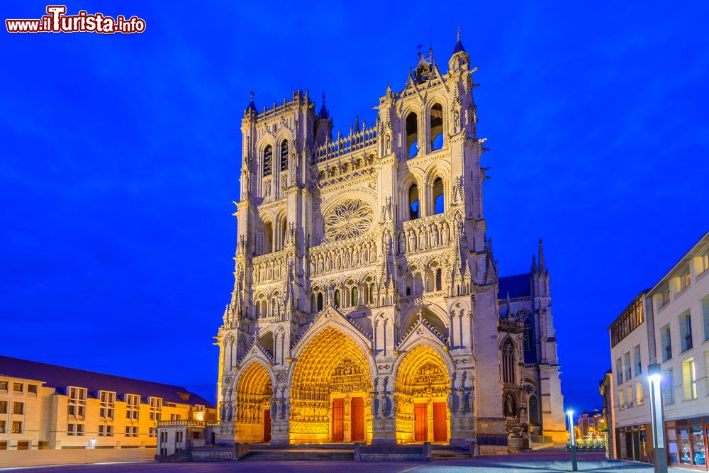 Immagine Notre Dame di Amiens by night, Piccardia, Francia. L'edificio religioso è famoso in tutta Francia per le decorazioni sontuose e le sculture oltre che per le due torri disuguali.