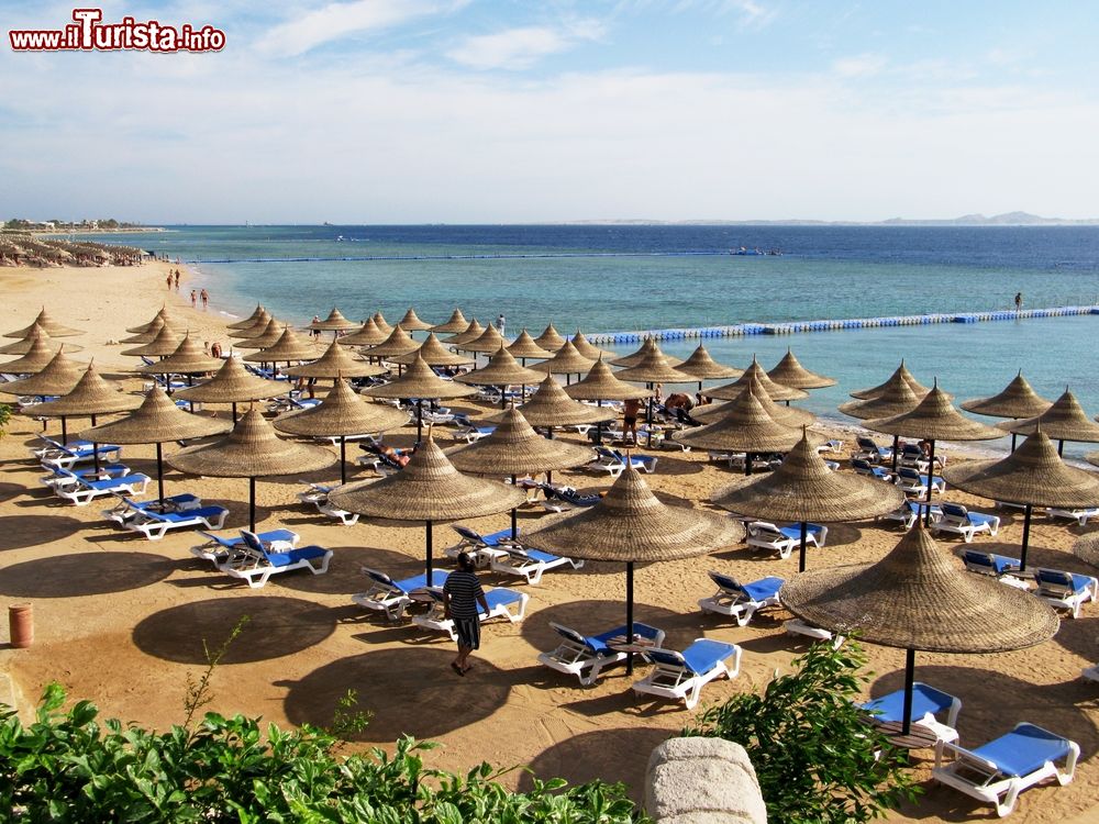 Immagine Ombrelloni e lettini di un hotel su una spiaggia di Playa del Carmen, Messico.