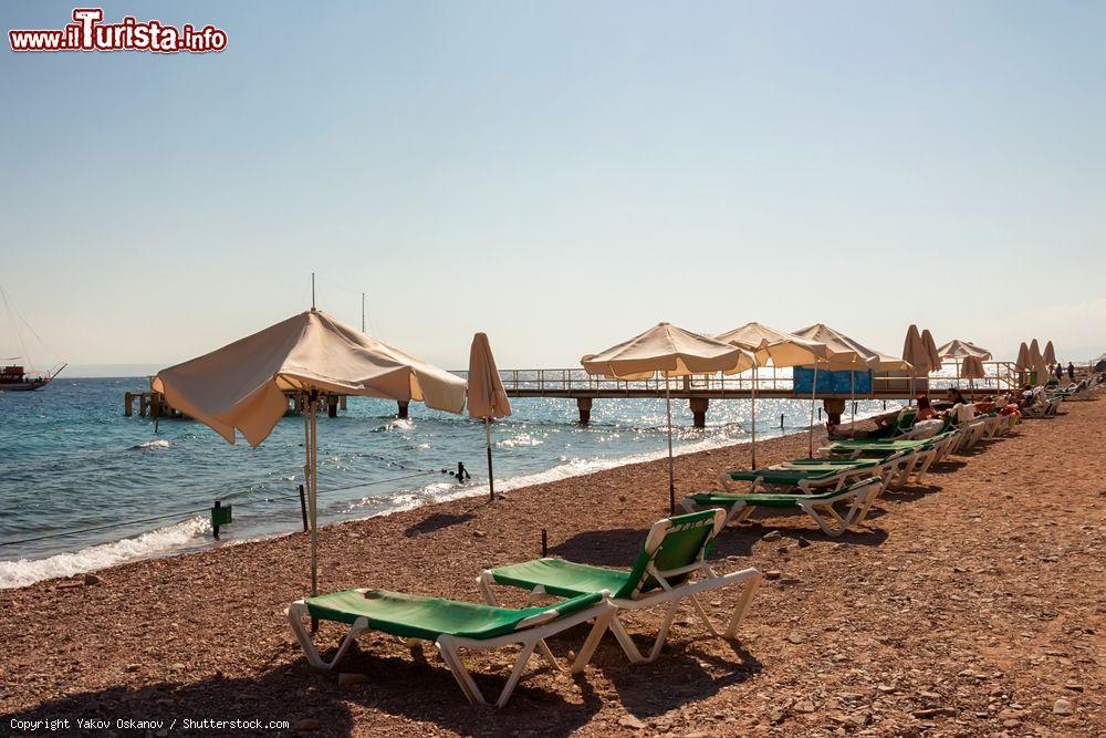 Immagine Ombrelloni e sdraio su una spiaggia di Eilat, Israele. Questo mare è perfetto per le attività sportive ma anche per la concentrazione salina che ha consentito lo sviluppo di formazioni coralline e di una fauna ittica unica al mondo  - © Yakov Oskanov / Shutterstock.com