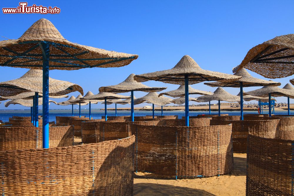 Immagine Ombrelloni in paglia sulla spiaggia di Port Ghalib, Mar Rosso, Egitto.