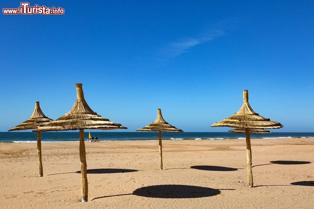 Immagine Ombrelloni in paglia sulla spiaggia lambita dalle acque dell'oceano Atlantico, nei pressi di Taghazout, Marocco.