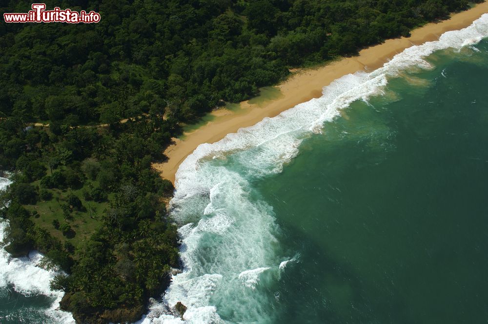 Immagine Le onde bianche viste dall'alto mentre si infrangono sulla riva nell'arcipelago di Bocas del Toro, Panama. La natura si presenta in tutta la sua maestosità.