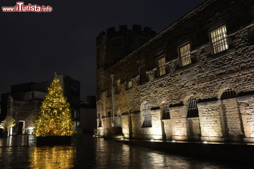 Immagine Oxford, Inghilterra: albero di Natale illuminato di notte nel giardino di un castello medievale.