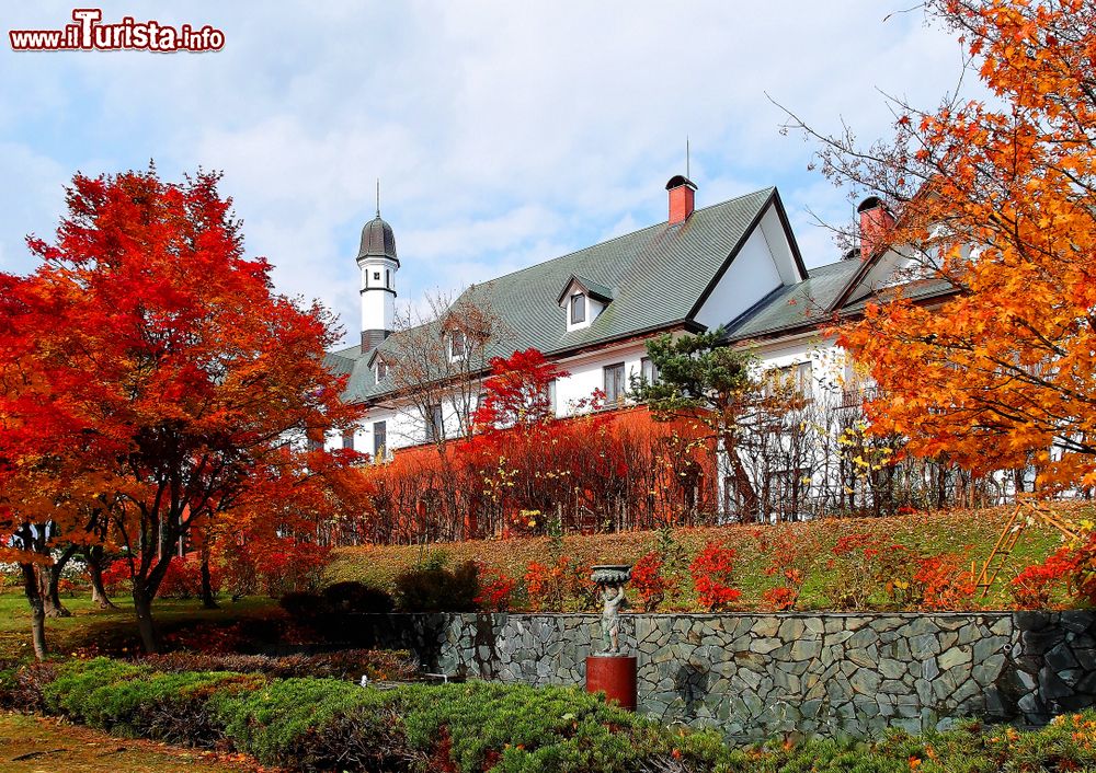 Immagine Paesaggio autunnale con aceri rossi vicino all'edificio dello Snow Crystal Museum a Asahikawa, Giappone. Questo singolare museo dedicato ai fiocchi di neve è ospitato in un piccolo castello in stile europeo con torrette. E' una delle destinazioni turistiche più curiose e visitate della città sull'isola di Hokkaido.