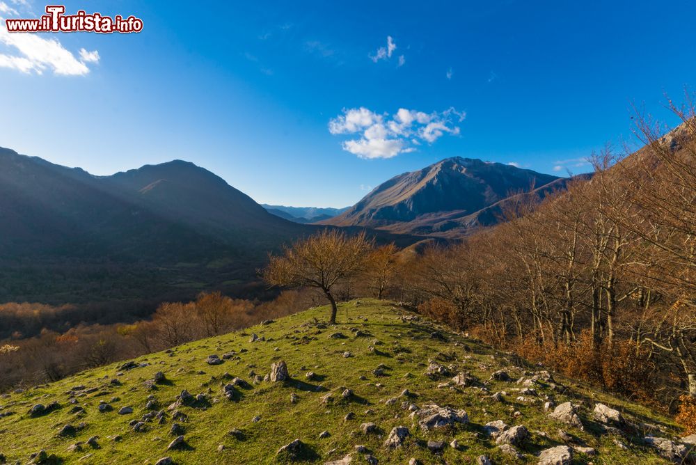 Immagine Un paesaggio del parco Nazionale d'Abruzzo visto da Barrea, L'Aquila, Italia. E' uno dei più antichi parchi d'Italia conosciuto in tutto il mondo per il ruolo svolto nella conservazione di alcune specie animali fra cui il lupo e l'orso bruno marsicano.