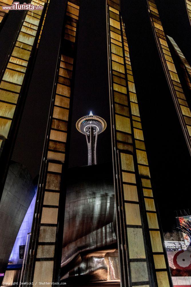 Immagine Panorama by night della Space Needle a Seattle, Washington (USA). Questa torre rappresenta il principale simbolo della città. S'innalza per 184 metri e la sua realizzazione è costata qualcosa come 4,5 milioni di dollari - © SeaRick1 / Shutterstock.com