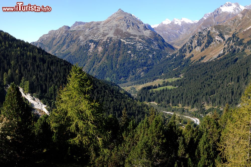 Immagine Panorama dal passo del Maloja in direzione dell'Italia, Soglio, Svizzera. Questo importante valico stradale svizzero delle Alpi Retiche occidentali raggiunge quota 1815 metri.