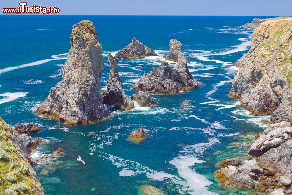 Immagine Panorama dall'alto di Aiguilles de Port-Coton a Belle Ile en Mer, Francia. Il nome di questo suggestivo luogo deriva dalla schiuma delle onde che sembra formare grandi fiocchi simili al cotone. Claude Monet è uno dei pittori che più ha immortalato nelle sue tele queste coste frastagliate della Bretagna.