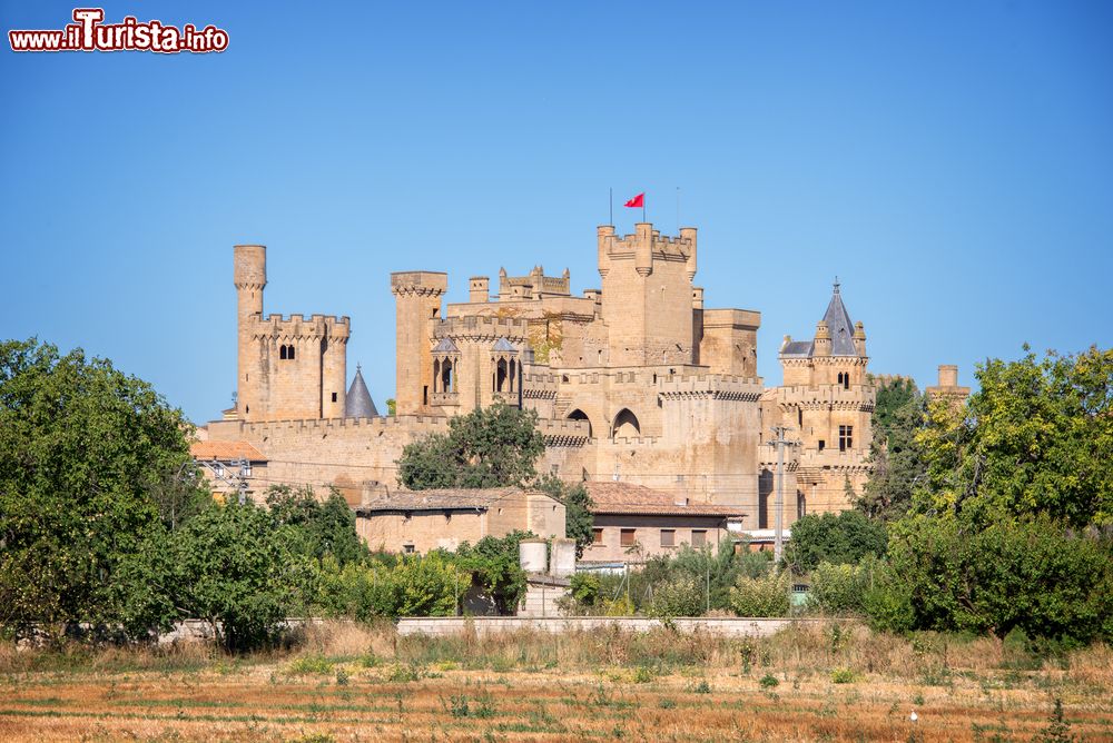 Immagine Panorama del castello medievale di Olite, Navarra, Spagna. Capolavoro dell'architettura civile gotica del XV° secolo, questa vasta struttura fu costruita per volere di Carlo III° e della moglie Eleonora e abitato dai reali di Navarra sino alla conquista castigliana nel 1512.