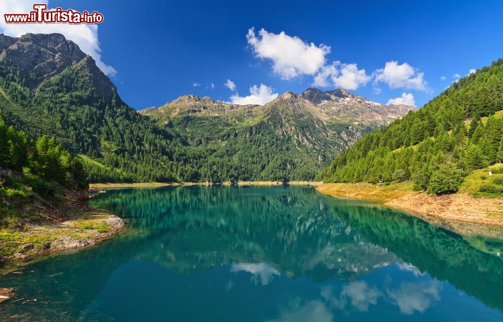 Immagine Panorama del lago Pian Palù nella Valle di Pejo, Trentino Alto Adige. E' una delle mete preferite dagli appassionati di escursionismo: si trova a 1.800 metri sul mare. E' un noto bacino artificiale che raccoglie le acque del corso superiore del torrente Noce.