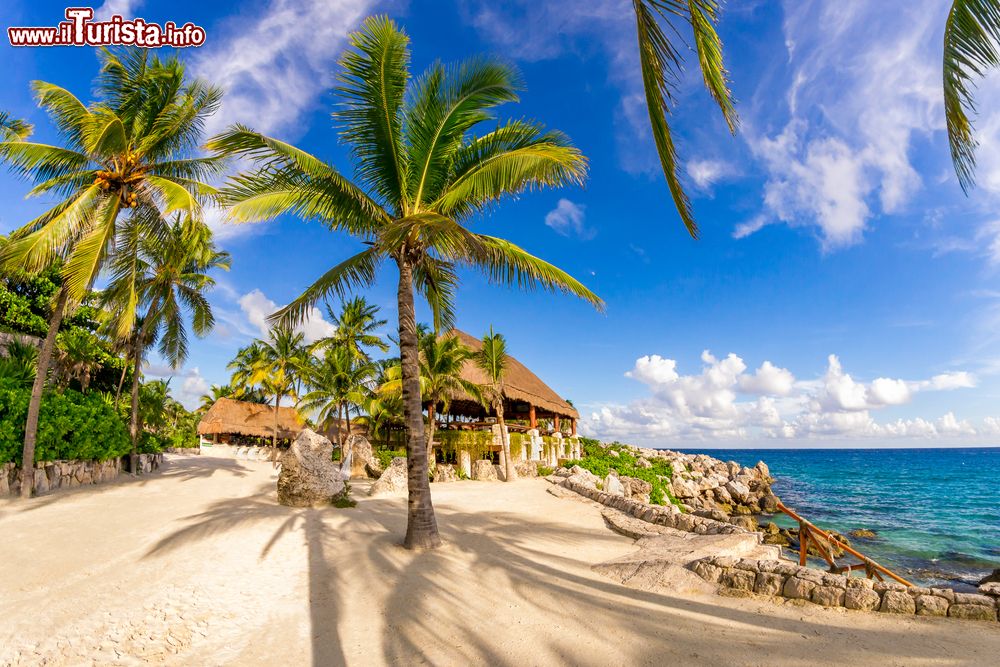 Immagine Panorama del parco di Xcaret con spiaggia e palme, Messico. Un tempo la città di Xcaret era centro dedito ai commerci e porto per la navigazione.