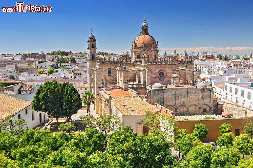 Immagine Panorama della cattedrale di Cristo Salvatore a Jerez de la Frontera, Andalusia, Spagna. Principale luogo di culto della città è stata costruita in stile barocco a partire dal 1695 dove sorgevano una moschea e una precedente chiesa del XII° secolo.