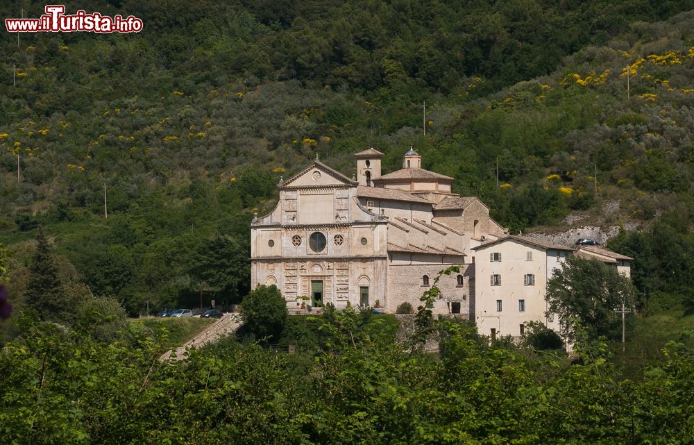 Immagine Panorama della chiesa di San Pietro a Spoleto, Umbria, immersa nella vegetazione. All'edificio religioso si accede tramite un'ampia scalinata seicentesca.