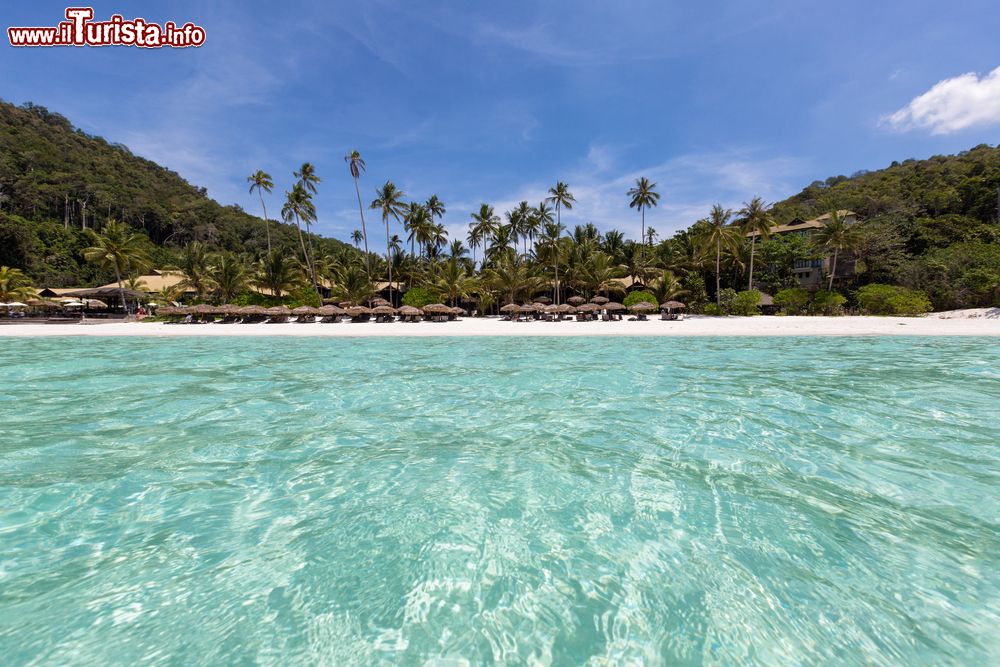 Immagine Panorama dell'acqua turchese a Palau Redang, Malesia. Sullo sfondo una spiaggia di sabbia bianchissima e la vegetazione rigogliosa che ricopre il territorio dell'isola.