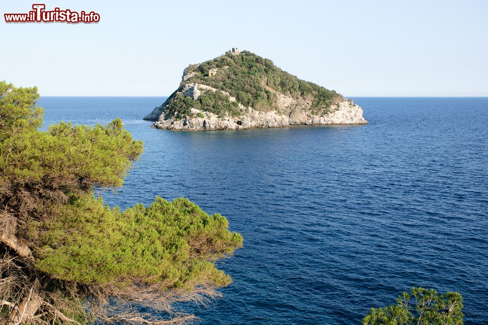 Immagine Panorama dell'isola di Bergeggi, Savona, Liguria. Nota anche come isola di Sant'Eugenio, si trova proprio di fronte all'omonim Comune. L'isolotto fa parte della Riserva Naturale Regionale di Bergeggi con costa rocciosa medio-alta.