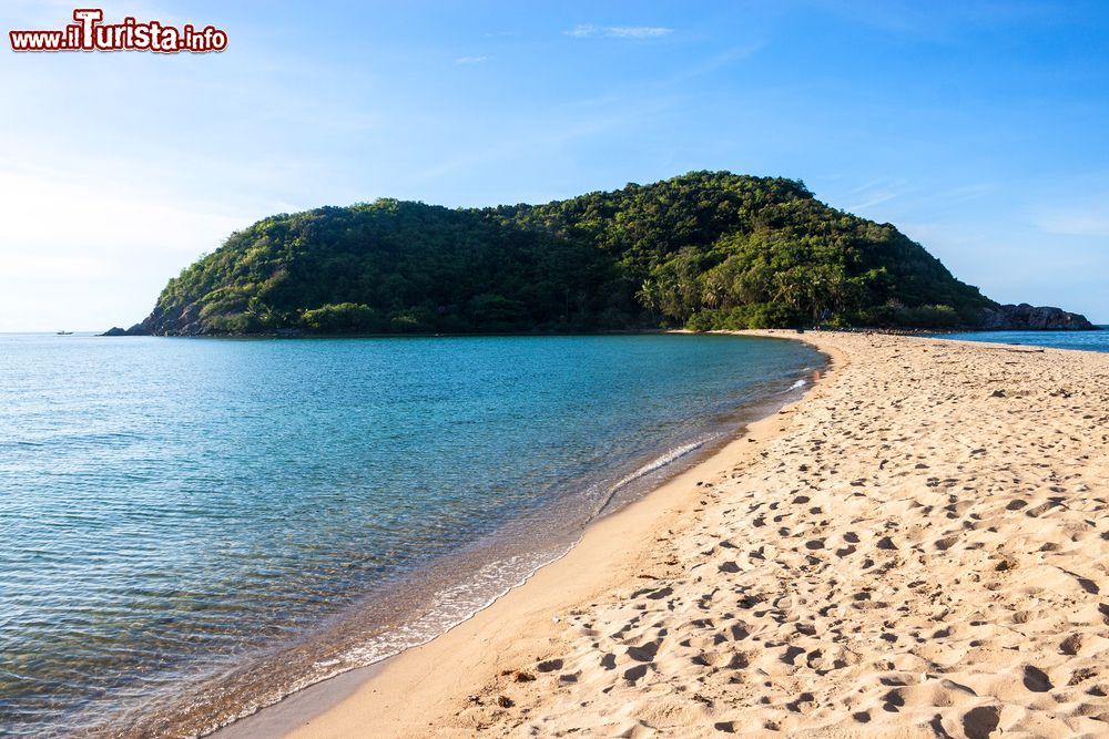 Immagine Panorama di Mae Haad beach con l'isolotto di Koh Ma di fronte a Koh Pha Ngan, Thailandia.