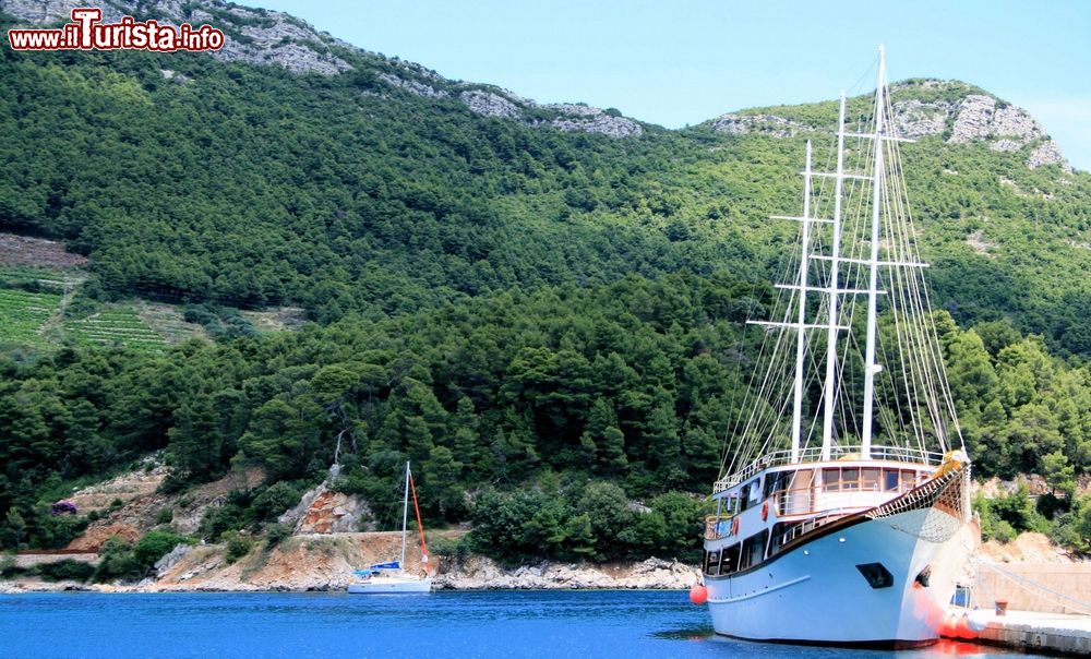 Immagine Panorama di Martinscica con una barca in primo piano, isola di Cres, Croazia. Questo paesino è caratterizzato da una rigogliosa vegetazione mediterranea. E' la seconda più grande località dell'isola.