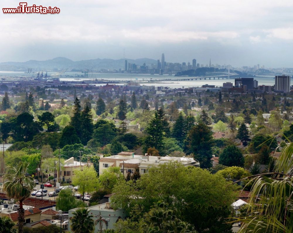Immagine Panorama di Oakland, nel nord della California. Sorge sulla costa est della baia di San Francisco adagiata contro le colline di Berkeley e a contatto con 5 parchi regionali di East Bay.