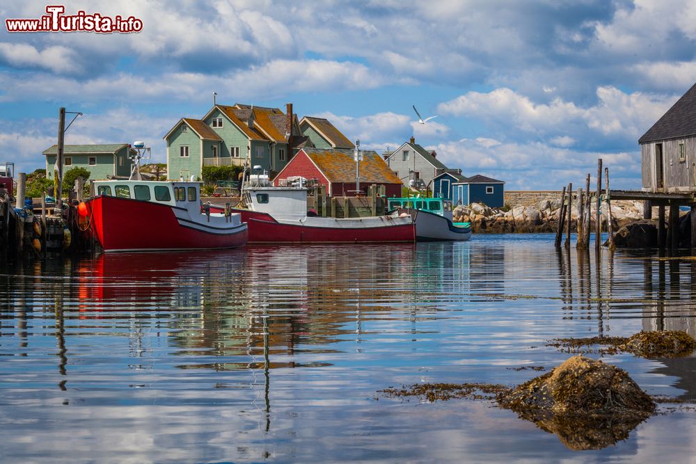 Immagine Panorama estivo delle case dei pescatori e del porto a Peggy's Cove, Nuova Scozia, Canada. Questa piccola comunità rurale si trova sulla sponda orientale della baia di St. Margarets.