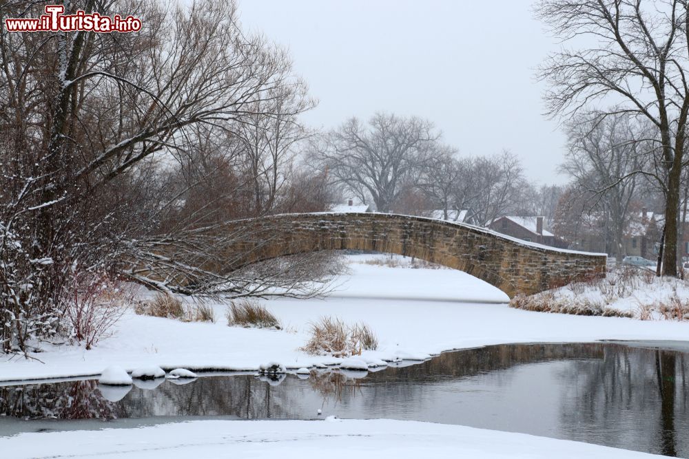 Immagine Panorama innevato con un ponte in mattoni nel Penney Park a Madison, capitale del Wisconsin (USA).