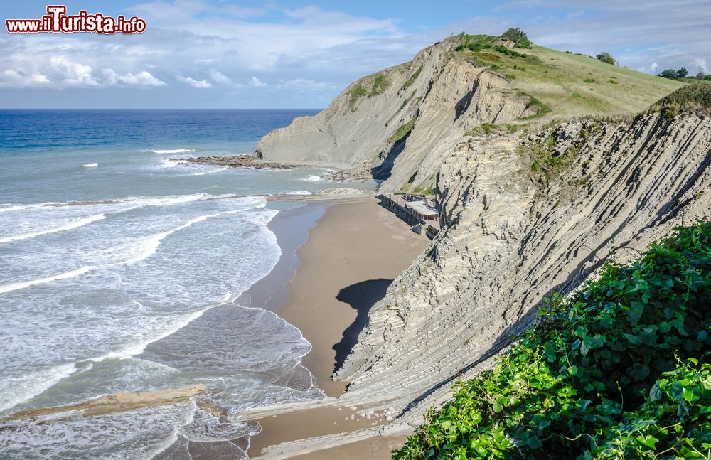 Immagine Panorama sui flysch a Zumaia sulla costa dei Paesi Baschi, Spagna. La cittadina è adagiata in una posizione strategica lungo la costa di Guipuzcoa a ridosso di un'incantevole baia in cui confluiscono i fiumi Urola e Narrondo.