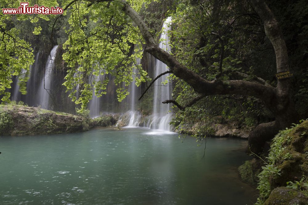 Immagine Panorama sulle cascate del Duden ad Antalya, Turchia. Situate in prossimità della città turca di Antalya, queste cascate sono formate dal corso del fiume Duden. Si distinguono in cascata superiore e inferiore: la prima è a circa 8-10 km a nord est della città e si trova in una depressione carsica; la seconda, distante circa 8 km, si getta per 40 metri da un promontorio sul sul Mar Mediterraneo nei pressi della spiaggia di Lara.