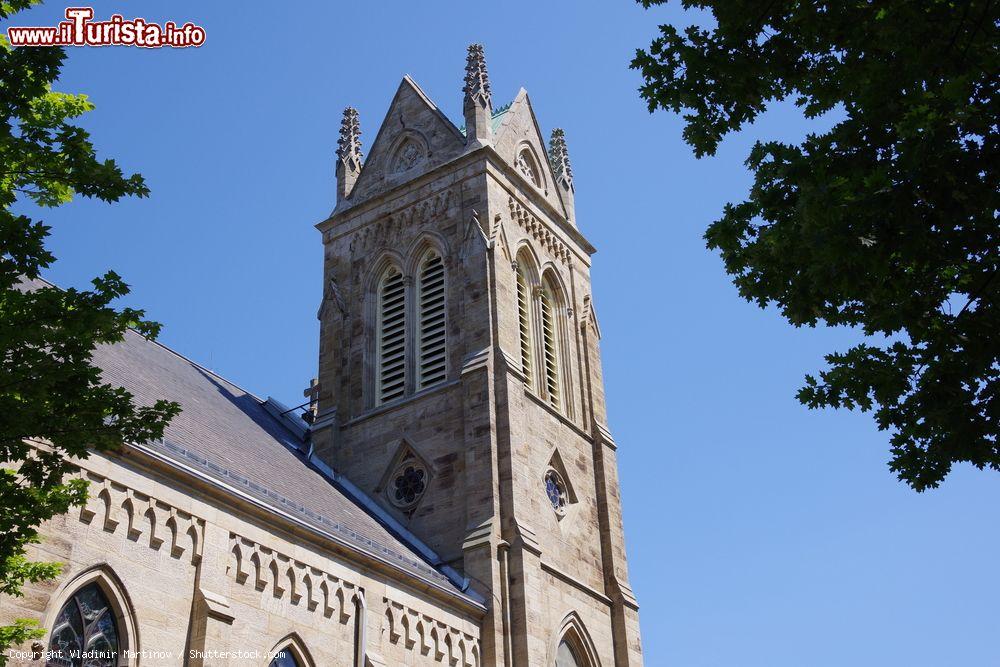 Immagine Particolare della chiesa cattolica di San Pietro a Pittsburgh, Pennsylvania. Un primo piano della torre campanaria vista attraverso gli alberi del North Side Park - © Vladimir Martinov / Shutterstock.com