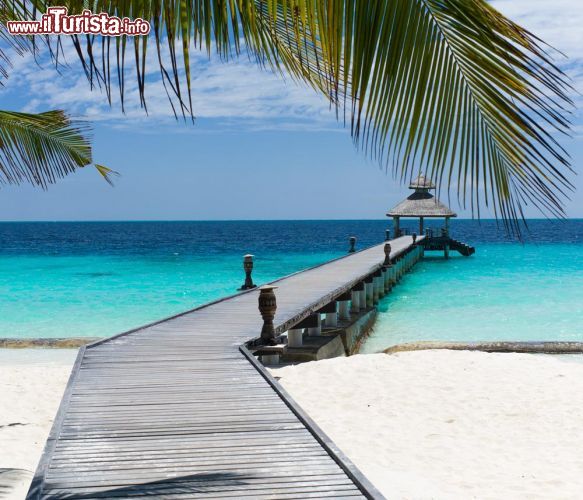 Immagine La passerella di legno di un resort sull'acqua cristallina dell'Atollo di Baa, nell'arcipelago delle Maldive - foto © Christoph Weber / Shutterstock.com