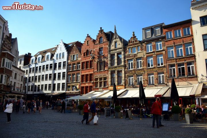 Immagine La piazza antistante l'ingresso della cattedrale di Anversa, con i suoi bar e i tipici palazzi fiamminghi. Dietro i palazzi si trova Grote Markt.