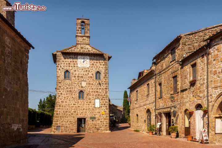 Immagine Borgo di Sovana dall'alto, Toscana. Nel cuore di questo borgo della Maremma, Piazza del Pretorio rappresenta il fulcro del villaggio. Contornata da edifici medievali, si presenta con una pavimentazione in mattoni di cotto a spina di pesce come tutto il resto della via centrale. Il suo nome deriva dal duecentesco Palazzo Pretorio, affacciato proprio sulla piazza, che conserva sulla facciata gli stemmi dei capitani di giustizia che guidarono la città. In fotografia vediamo invece il particolare Palazzetto dell'Archivio - © ledmark / Shutterstock.com