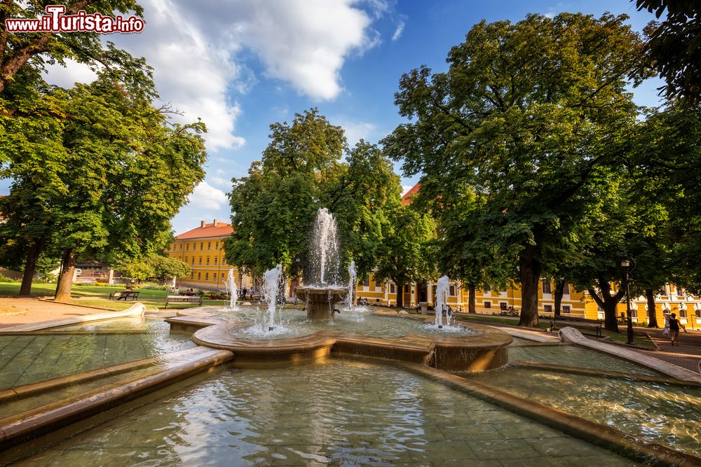 Immagine Piazza Santo Stefano a Pécs, Ungheria. Qui si trovano una bella fontana e un parco con alberi e vegetazione; è considerata una delle principali piazze della città.