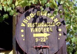 Botte di Vino alle Terme di Radenci, Slovenia: l'insegna di una vinoteca aperta al pubblico dalle 9 alle 23 - Foto di Giulio Badini
