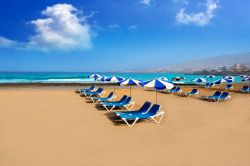Costa Adeje: la spiaggia di Arona a Tenerife, isole Canarie. Questa zona risente di un clima più secco e soleggiato rispetto al resto dell'isola, grazie al grande vulcano Teide che ...