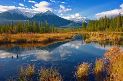 Un panorama autunnale del Jasper National Park di Alberta, Canada. Laghi, foreste di conifere e le vette imponenti delle Rocky Mountains sono il regno di orsi, caribù e aquile reali - silky ...