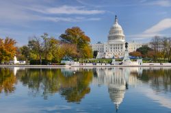 Il Campidoglio (Capitol State Building) si riflette sull acqua a Washington, in una giornata autunnale - © Orhan Cam / Shutterstock.com