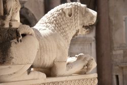 Spalato, Croazia: la statua di un leone all'esterno della Cattedrale di San Doimo. Convertita in chiesa nell'VIII secolo d.C., nacque come mausoleo in epoca romana e fa parte del Palazzo ...