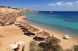 Una magnifica spiaggia lungo coste del Sinai, vicino a Sharm el Sheikh: siamo nel Mar Rosso settentrionale, in Egitto una località molto amata dai turisti italiani, famosa per il suo ...