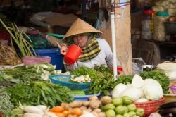 il colorato mercato di Phu Quoc, Vietnam: una bancarella che vende verdura, e un venditore che si rinfresca con un succo - © Patrik Dietrich / Shutterstock.com 