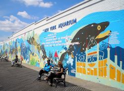 Veduta del New York Aquarium di Coney Island a New York, Stati Uniti. Relax al sole per i visitatori del parco in attesa di ammirare da vicino gli splendidi esemplari ospitati all'acquario ...