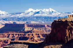 Panorama mozzafiato nel Parco Nazionale di Canyonlands dello Utah, USA: le gole profonde dei canyon, gli altipiani con le loro pareti a strapiombo e le alte montagne innevate creano uno scenario ...