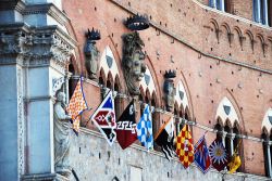 Piazza del Campo, Siena, Toscana: durante il Palio vengono esposti gli stendardi colorati delle varie contrade cittadine. Alcune contrade hanno origini antichissime, e sono storicamente rivali ...