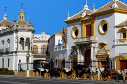 L'entrata principale della Plaza de Toros di Siviglia, fondata nel 1749, con i tradizionali carri trainati dai cavalli  - © Arena Photo UK / Shutterstock.com