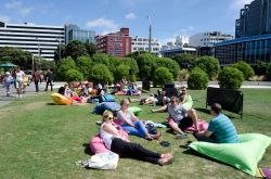 Relax esitvo al parco del Wellington Waterfront, nella capitale della Nuova Zelanda. Per i 396 mila abitanti di Wellington e per i turisti è il luogo ideale per godersi il sole, fare ...