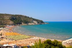 La grande spiaggia di Peschici fotografata in alta stagione. La baia si trova lungo la costa nord del Gargano, appena ad occidente di questo borgo della Puglia - © Valeria73 / Shutterstock.com ...