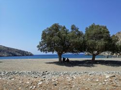 Spiaggia di Vatses, isola si Astypalaia (Grecia), con persone all'ombra di un albero. E' un ampia baia di ciottoli con scogliere ai lati e una distesa di mare azzurro in mezzo.
