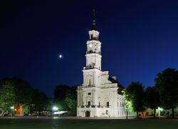Il vecchio Municipio di Kaunas (Lituania) fotografato di notte con la Luna - © Dmitry Zamorin / Shutterstock.com