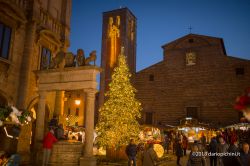 Albero di Natale e bancarelle davanti alla cattedrale dell'Assunta a Mentepulciano, provincia di Siena (Toscana).

