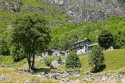 Antiche baite in pietra nella Val Codera, Valtellina, Lombardia.
