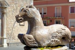 Antico cavallo di una fontana nella piazza principale di Taormina, Sicilia. Piazza Duomo ospita al suo centro una suggestiva fontana costruita nel 1635 in stile barocco: è formata da ...